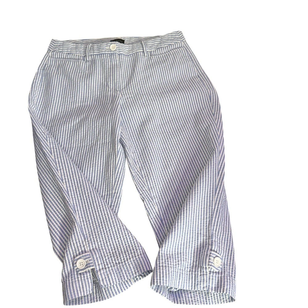 Talbots Seersucker Crop Capri Pants Womens 4 Petite Blue White Striped Preppy
